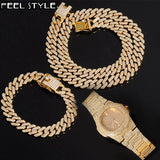12MM Prong Necklace + Baguette Watch + Bracelet Hip Hop Cuban Chain
