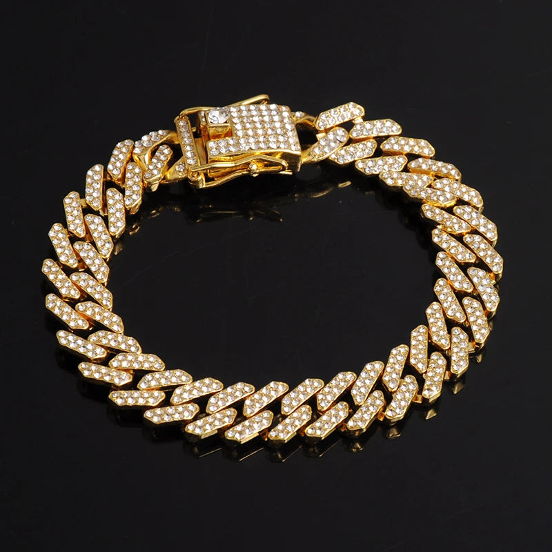 12MM Prong Necklace + Baguette Watch + Bracelet Hip Hop Cuban Chain