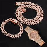 12MM Prong Necklace + Baguette Watch + Bracelet Hip Hop Cuban Chain
