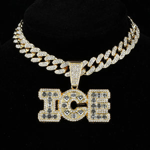 Iced Out Letters ICE Pendant with 13mm Cuban Link Chain Rhinestone Necklace