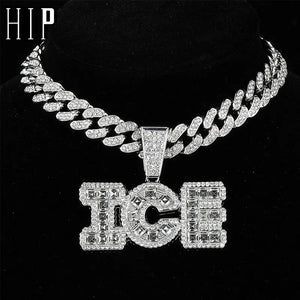 Iced Out Letters ICE Pendant with 13mm Cuban Link Chain Rhinestone Necklace