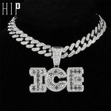 Iced Out Letters ICE Pendant with 13mm Cuban Link Chain Rhinestone Necklace