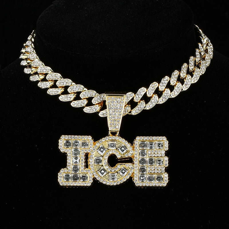 Iced Out Letters ICE Pendant with 13mm Cuban Link Chain Rhinestone Necklace