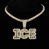 Iced Out Letters ICE Pendant with 13mm Cuban Link Chain Rhinestone Necklace