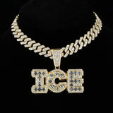 Iced Out Letters ICE Pendant with 13mm Cuban Link Chain Rhinestone Necklace