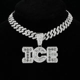 Iced Out Letters ICE Pendant with 13mm Cuban Link Chain Rhinestone Necklace