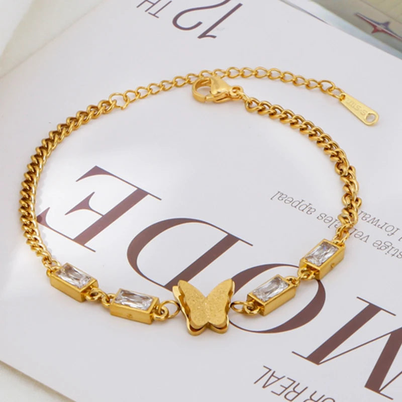 Butterfly Love Pendant Steel Bracelet Women Charm Jewelry Green Agate Zircon