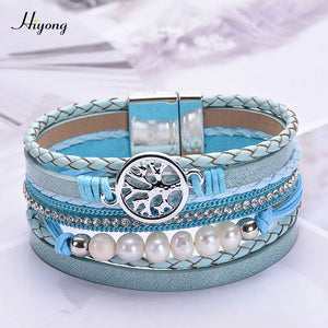 Bohemian Layered Leather Bracelets Women Pearl Charms Wrap Jewelry