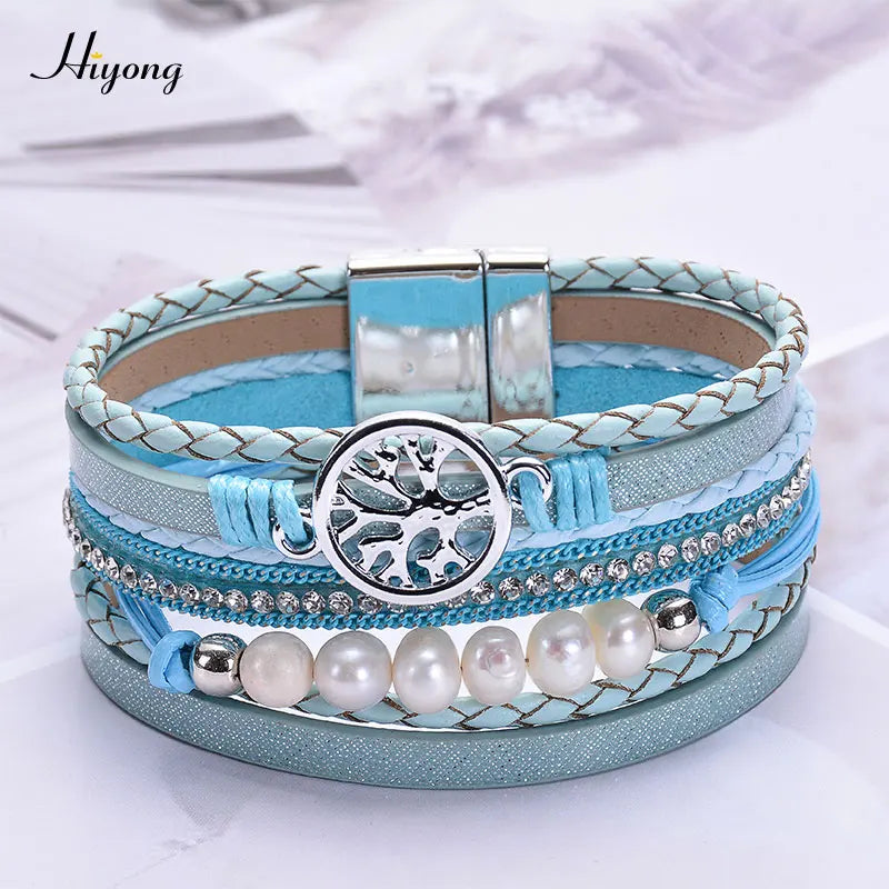 Bohemian Layered Leather Bracelets Women Pearl Charms Wrap Jewelry