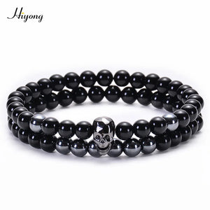 Men Skeleton Skull Bracelet Agates Hematite Stone Beads Bracelets Set