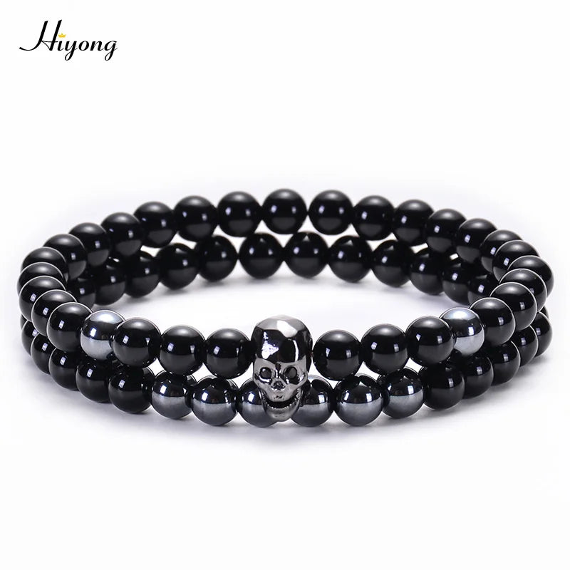 Men Skeleton Skull Bracelet Agates Hematite Stone Beads Bracelets Set