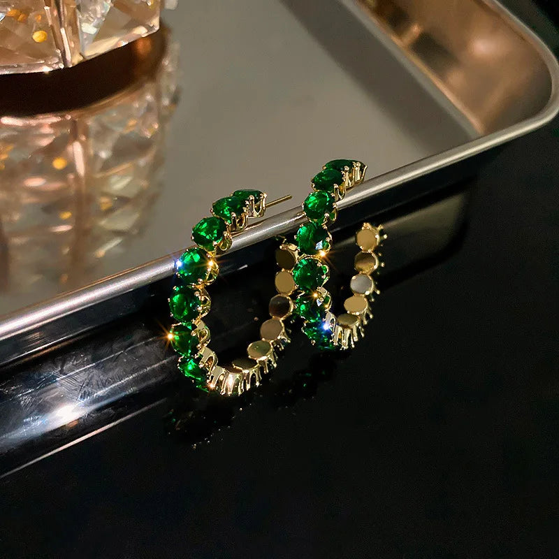 CZ Hoop Earrings Green Zircon C-shaped Crystal Earrings Women's Jewelry