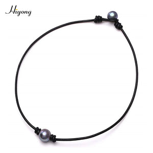 Single Cultured Pearl Choker Necklace on Leather Cord for Women Girls