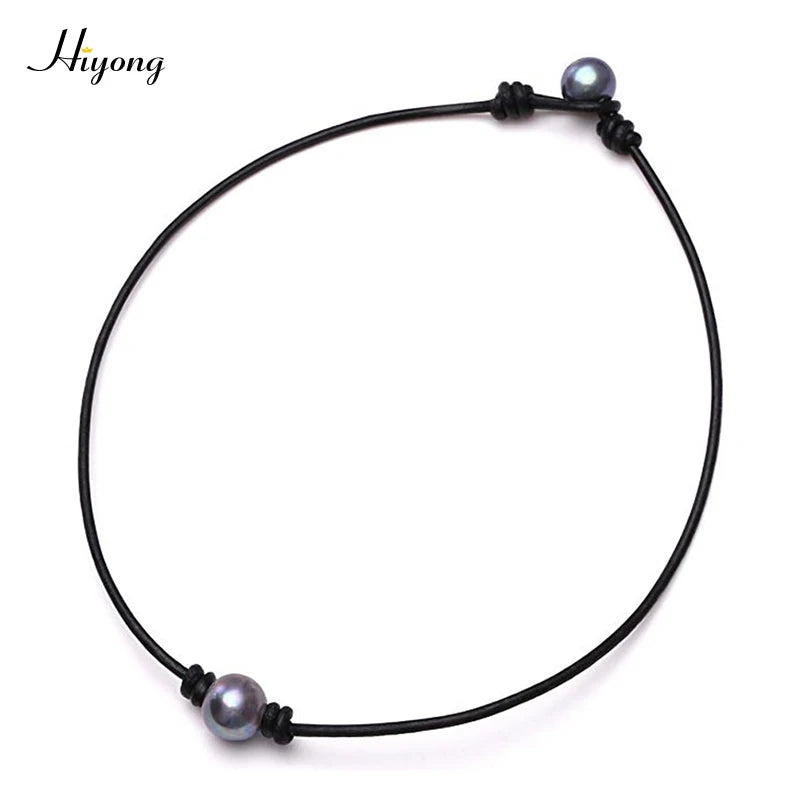 Single Cultured Pearl Choker Necklace on Leather Cord for Women Girls
