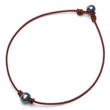 Single Cultured Pearl Choker Necklace on Leather Cord for Women Girls