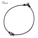 Single Cultured Pearl Choker Necklace on Leather Cord for Women Girls