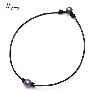 Single Cultured Pearl Choker Necklace on Leather Cord for Women Girls