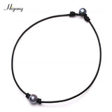 Single Cultured Pearl Choker Necklace on Leather Cord for Women Girls
