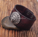 Brown Biker Indian Skull Studded Men's Leather Bracelet Cuff