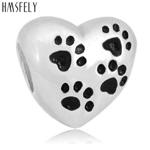 316L Stainless Steel Dog Footprint Heart Charm Big Hole Beads