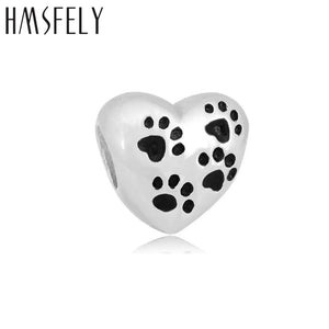316L Stainless Steel Dog Footprint Heart Charm Big Hole Beads