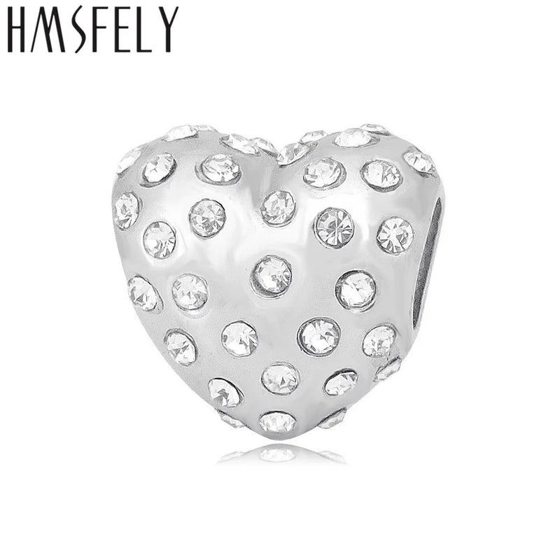 Titanium Steel Pink Crystal Heart Charm Beads DIY Bracelet Necklace Jewelry