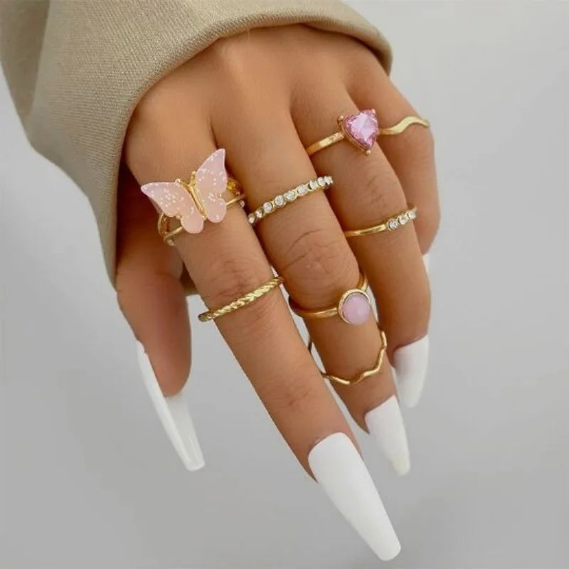 Purple Pink Butterfly Ring Sets For Women Jewelry Girl Finger Rings
