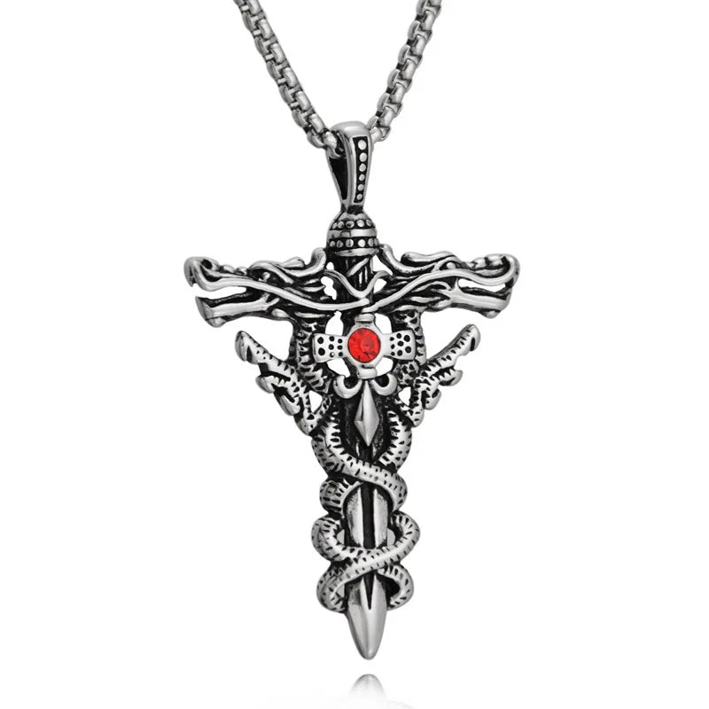 Gothic Double Dragon Sword Cross Pendant Necklace