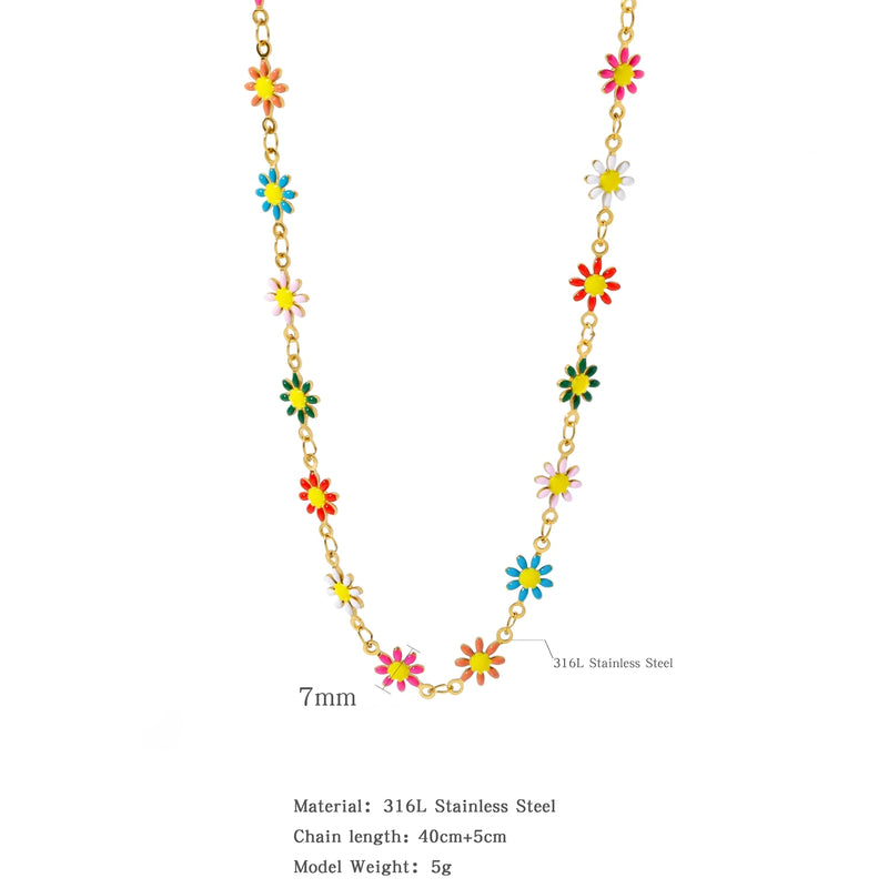 HONGTONG Daisy Colorful Necklace Bohemian Charm 18k Stainless Steel Jewelry
