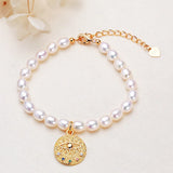 Freshwater Pearl Bracelet Oval Bead Copper K Plated Zircon Devil'S Eye