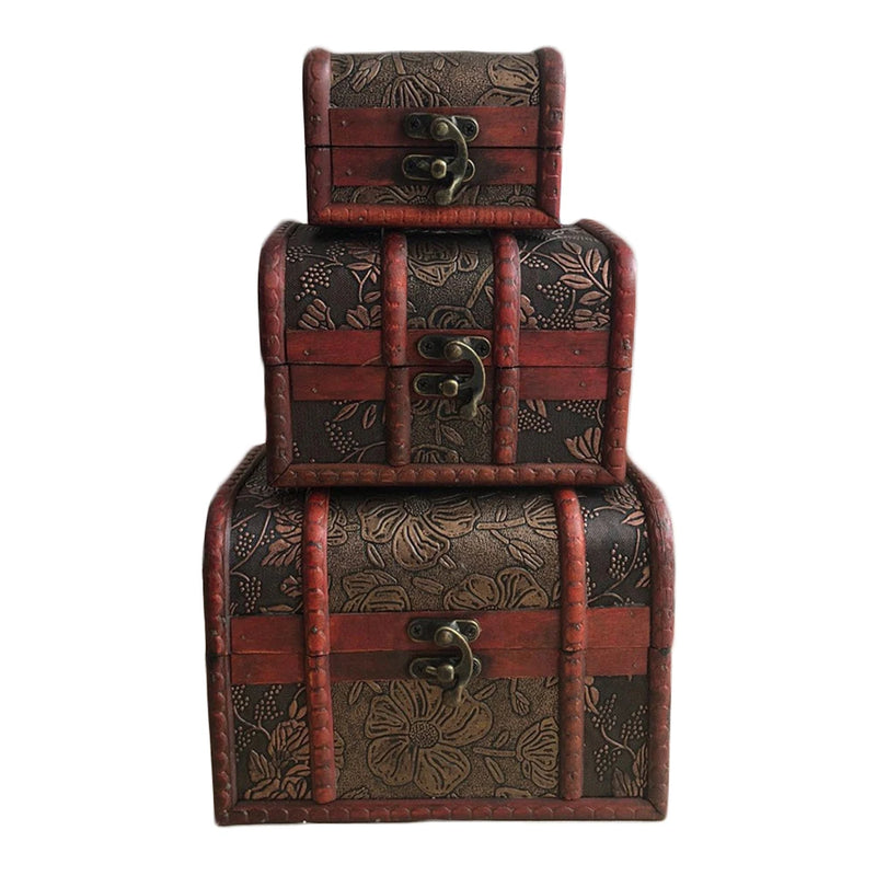 3-Pcs Wooden Treasure Chest Jewelry Storage Organizer
