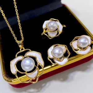 Noble 8-9mm Pearl Pendant Necklace Earring Ring Set