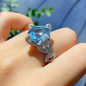 Exquisite S925 Silver Aquamarine Diamond Ring Wedding Jewelry