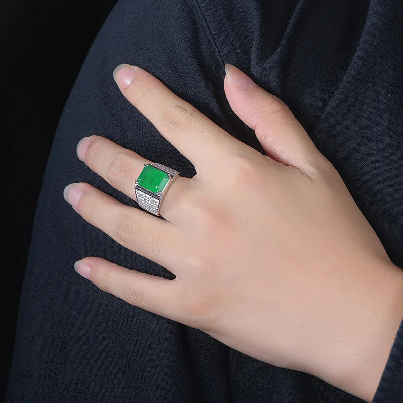 S925 Sterling Silver Diamond Emerald Ring Men's Wedding Ring