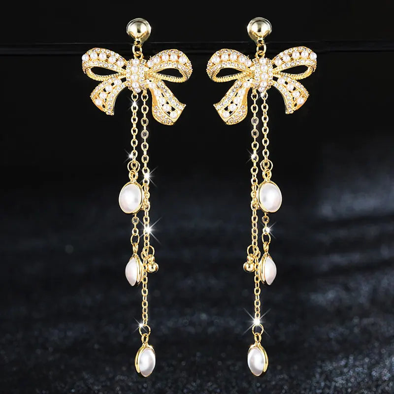 HUAMI Bowknot Drop Earrings Fine Jewelry for Women Tassels Pearl Unusual Needle