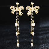 HUAMI Bowknot Drop Earrings Fine Jewelry for Women Tassels Pearl Unusual Needle