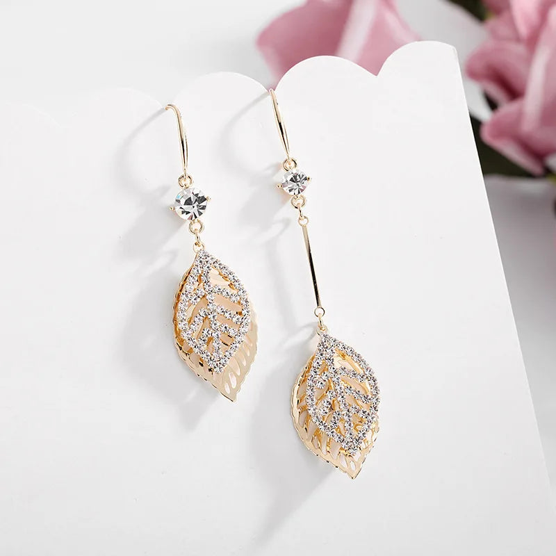 HUAMI Asymmetry Leaf Pendant Zircon Drop Earrings Women Gift Bijoux Femme