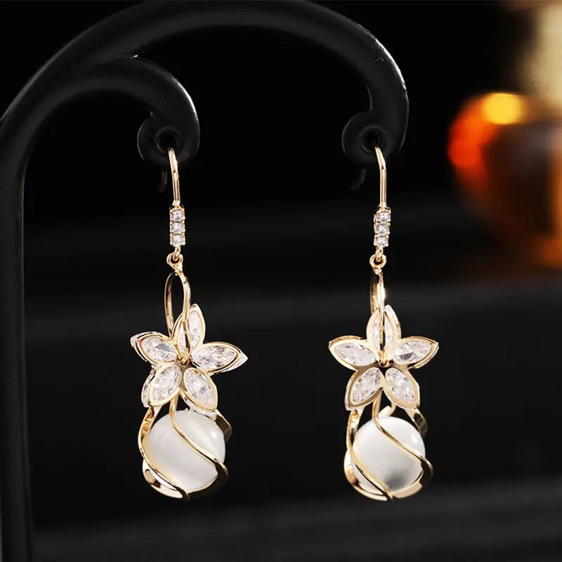 HUAMI Cateyes Flower Drop Earrings S925 Silver Needle Wedding Party