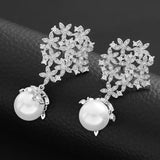 Dangle Drop Pearl Earrings 925 Zircon Flower Style