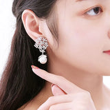 Dangle Drop Pearl Earrings 925 Zircon Flower Style