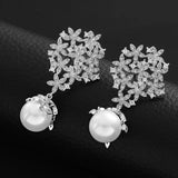 Dangle Drop Pearl Earrings 925 Zircon Flower Style