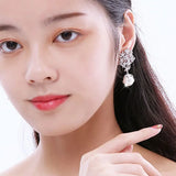 Dangle Drop Pearl Earrings 925 Zircon Flower Style