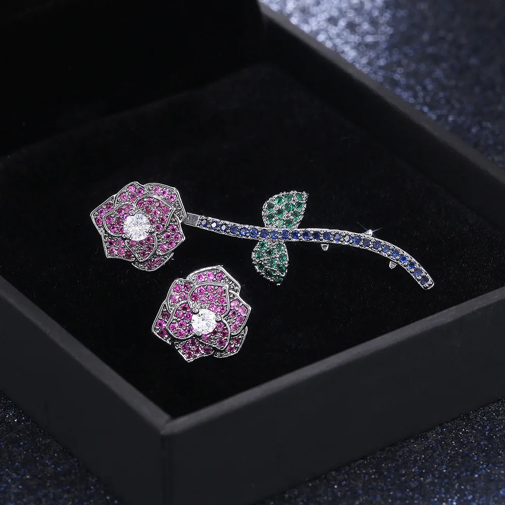 HUAMI Flower Stud Earrings Leaf Detachable Vintage Zircon Earrings