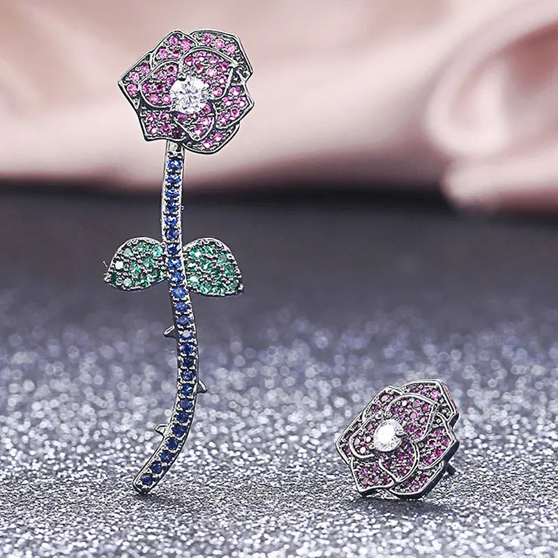 HUAMI Flower Stud Earrings Leaf Detachable Vintage Zircon Earrings