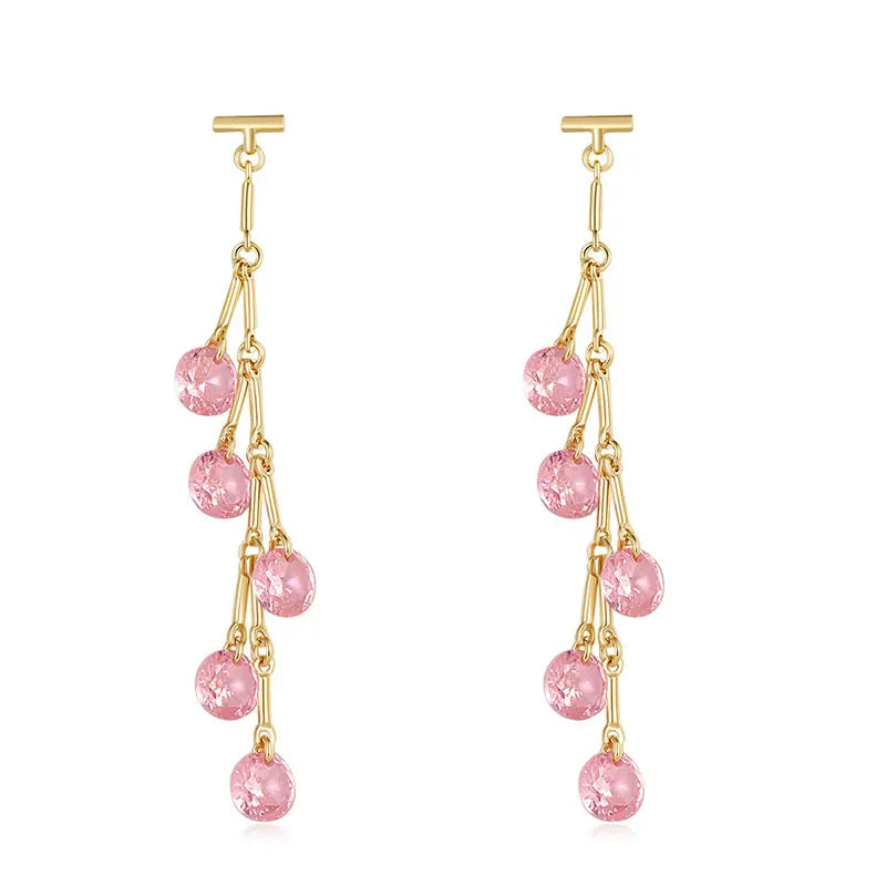 HUAMI Long Dangle Drop Earrings Pink Crystal Purple Sweet Tassel Bouclee