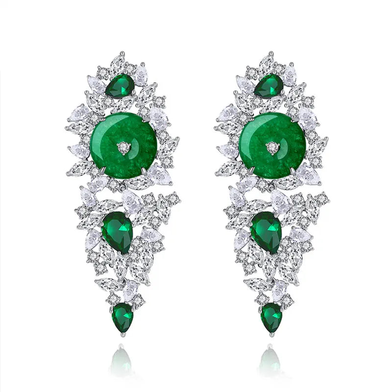 HUAMI Long Inlaid Cubic Zircon Drop Earrings Jade Emerald Green Chalcedony