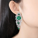 HUAMI Long Inlaid Cubic Zircon Drop Earrings Jade Emerald Green Chalcedony