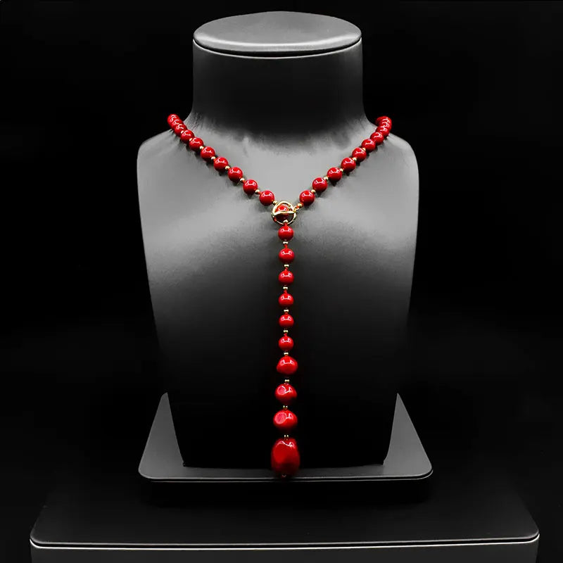 HUAMI Wool Sweate Chain Necklace Shell Pearl Red Top