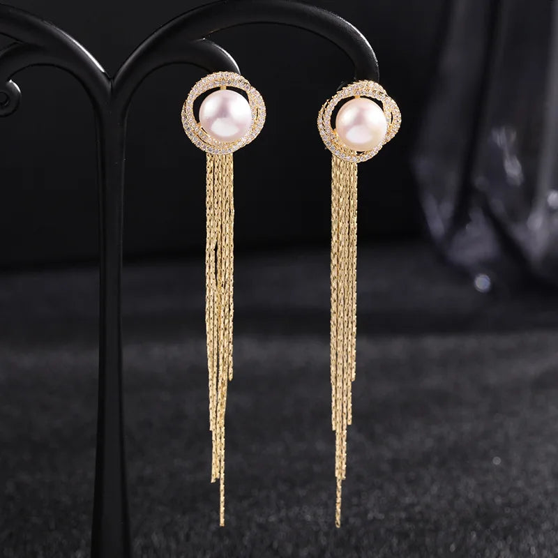 HUAMI Natural Pearl Earrings Tassel Women Fine Jewelry Two Wear Silver Needle