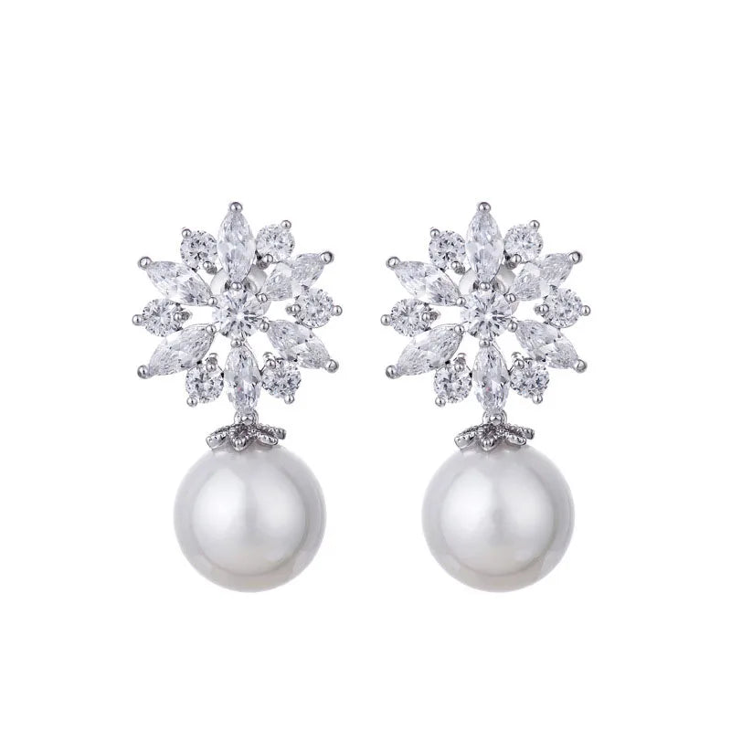 HUAMI Snowflake Pearl Pendant Stud Earrings Elegant Charm Women's Jewelry